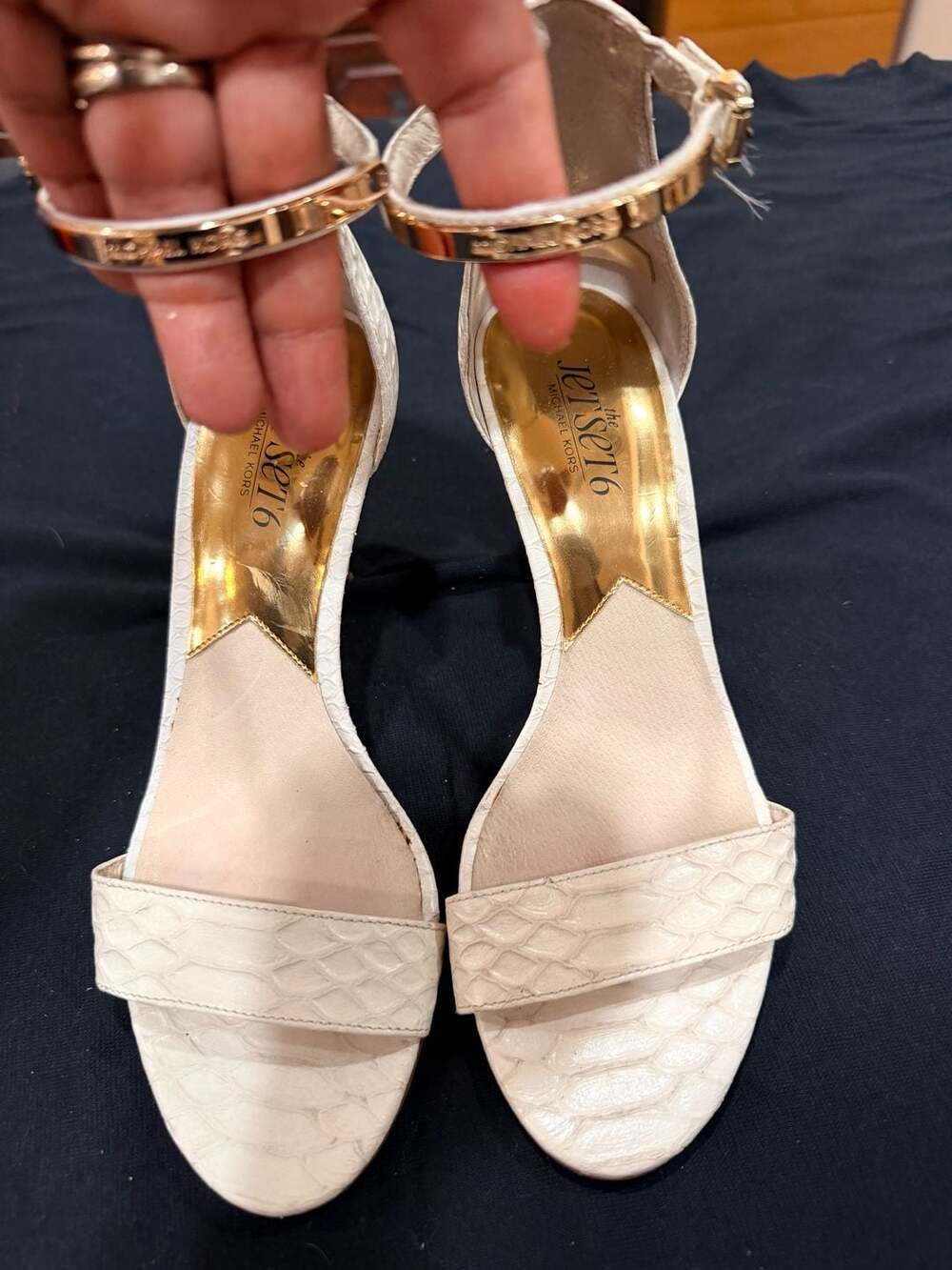 Michael Kors The Jet Set 6 White Snake Embossed Ankle Strap Heel Sandal